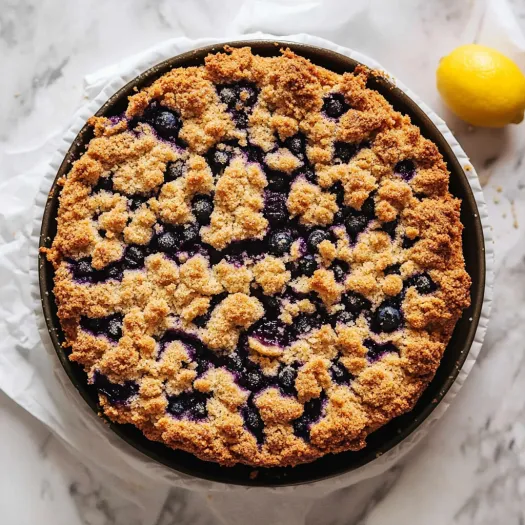 A blueberry crumble with a lemon wedge on the side.