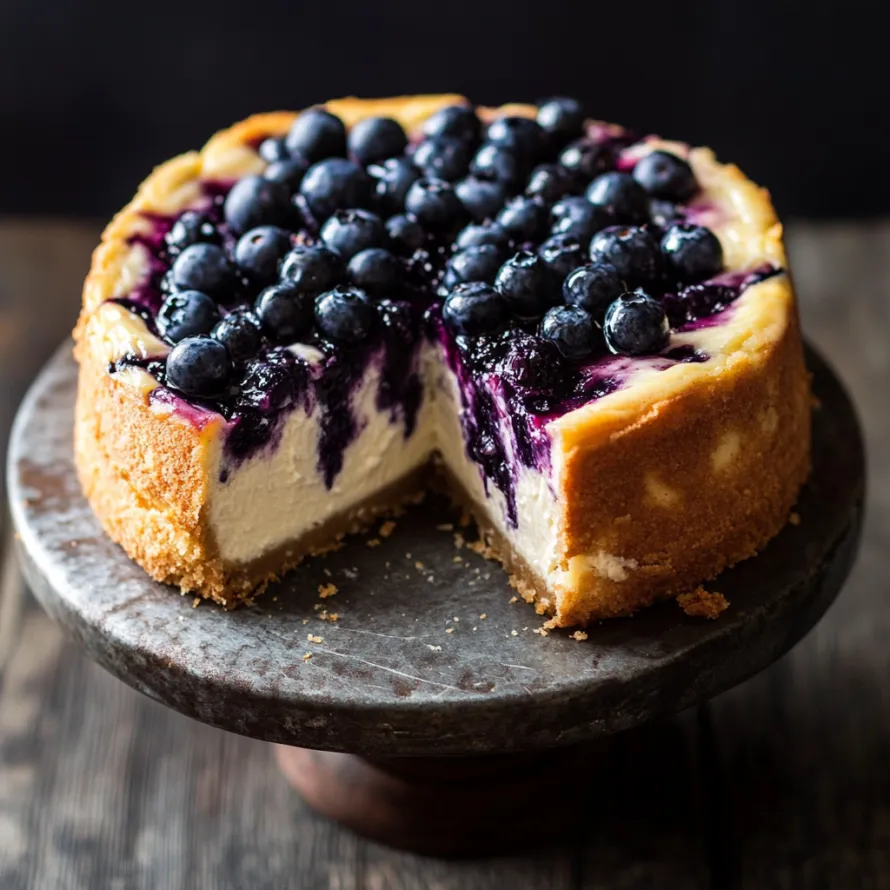 A slice of blueberry cheesecake on a plate.
