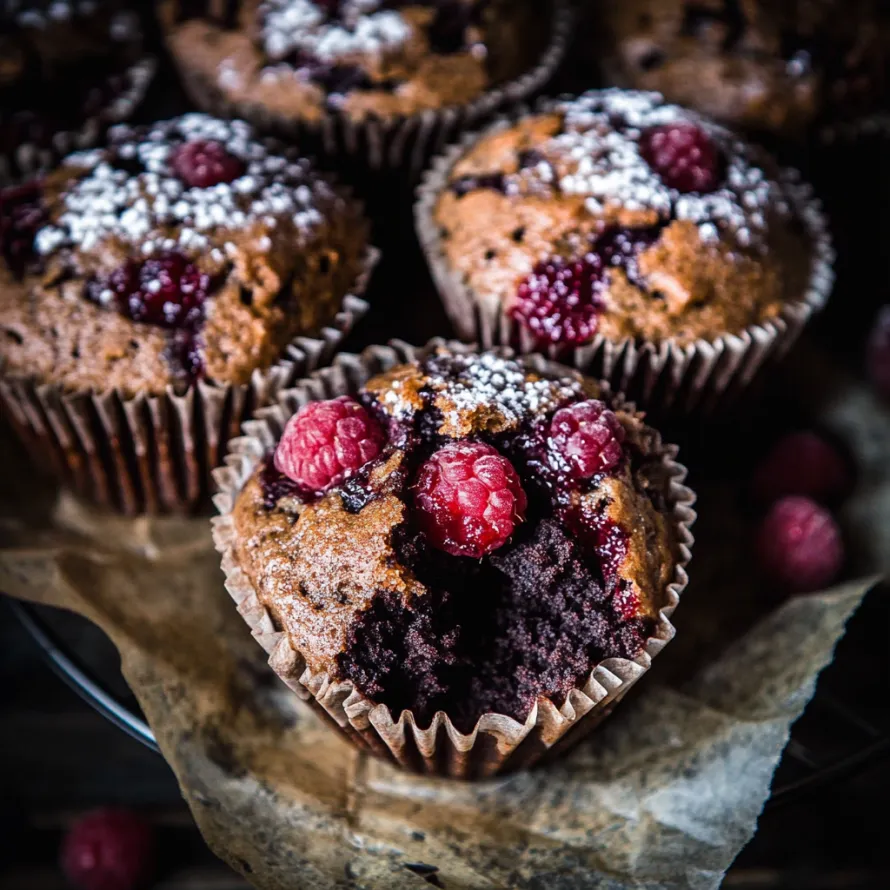 A cupcake with raspberry and chocolate toppings.