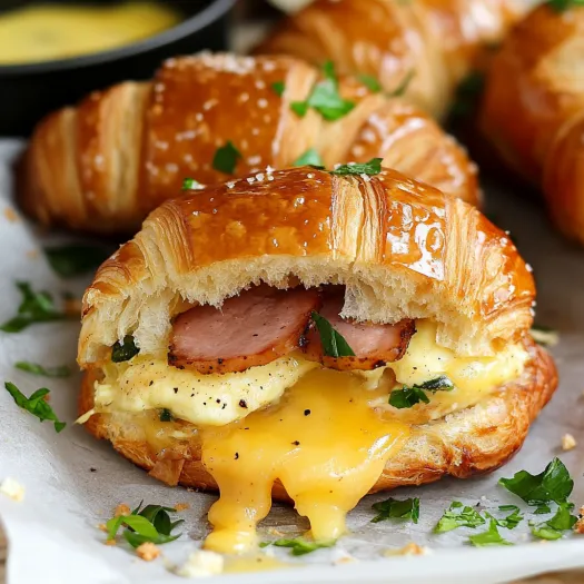 A croissant sandwich with ham and cheese.