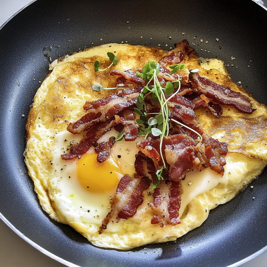 A breakfast omelet with bacon and a fried egg.