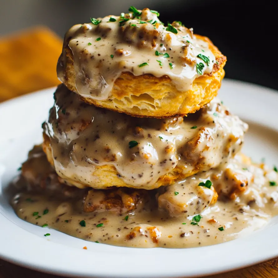 A stack of biscuits covered in gravy.