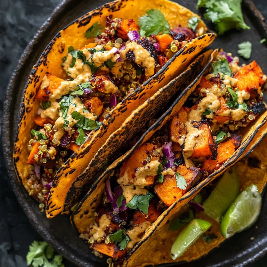 Two tacos with a variety of toppings.