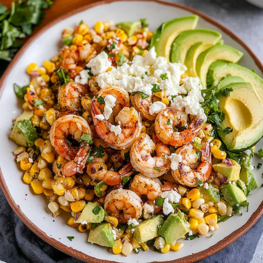 A plate of food with shrimp, corn, avocado, and cheese.