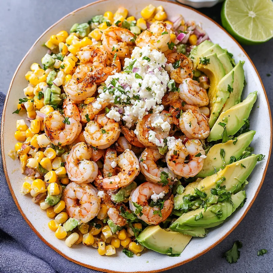 A bowl of shrimp and avocado salad.