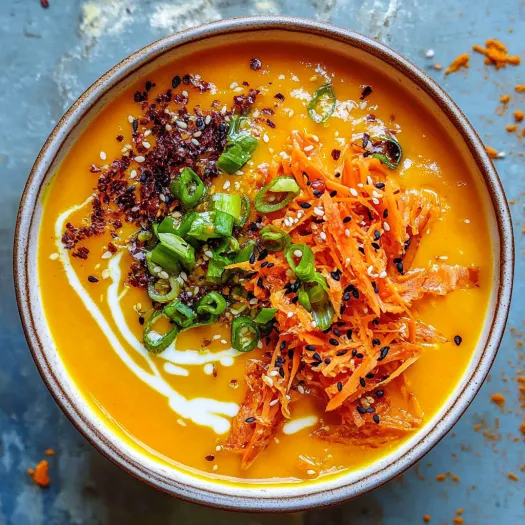 A bowl of soup with carrots and onions.