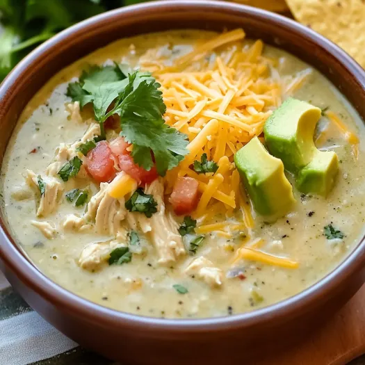 A bowl of soup with chicken, tomatoes, and cheese.