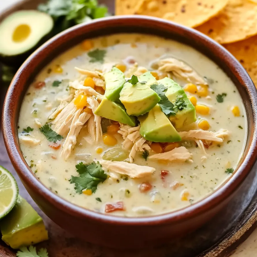A bowl of soup with chicken, corn, and avocado.