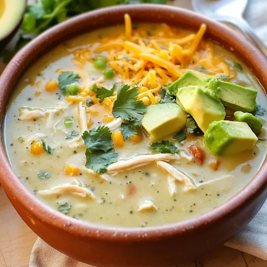 A bowl of soup with chicken, peas, and cheese.