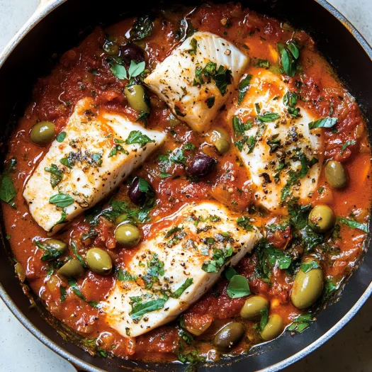 A pan of food with fish and olives.