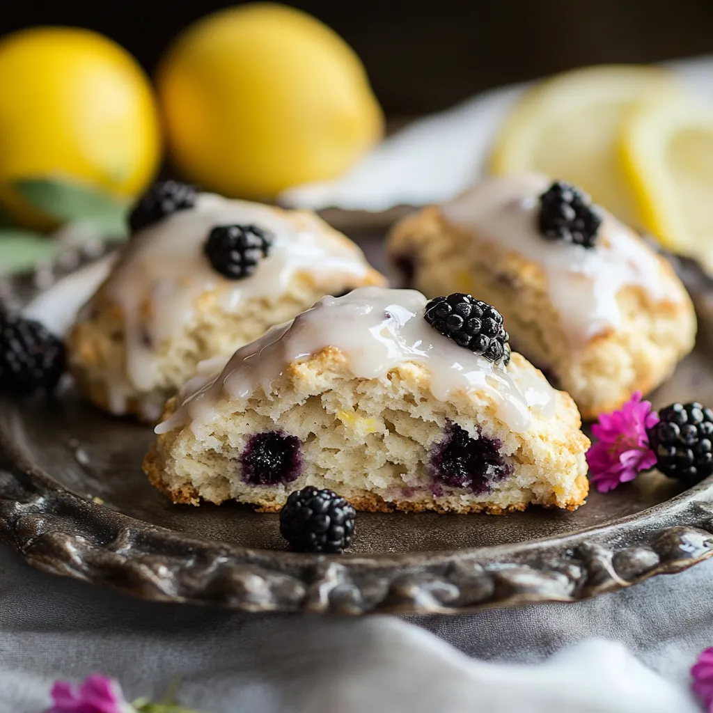 A plate of blueberry muffins with lemon wedges.