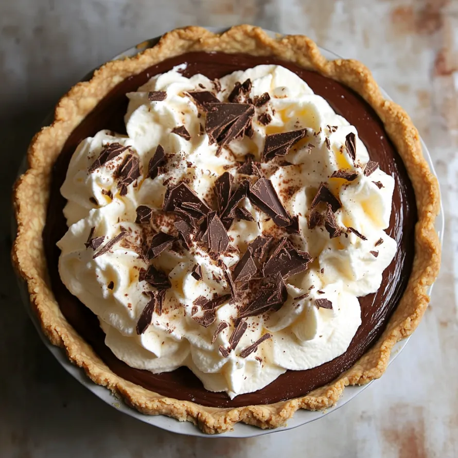 A chocolate pie with white whipped cream.