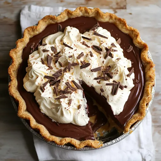 A slice of pie with chocolate and white cream.