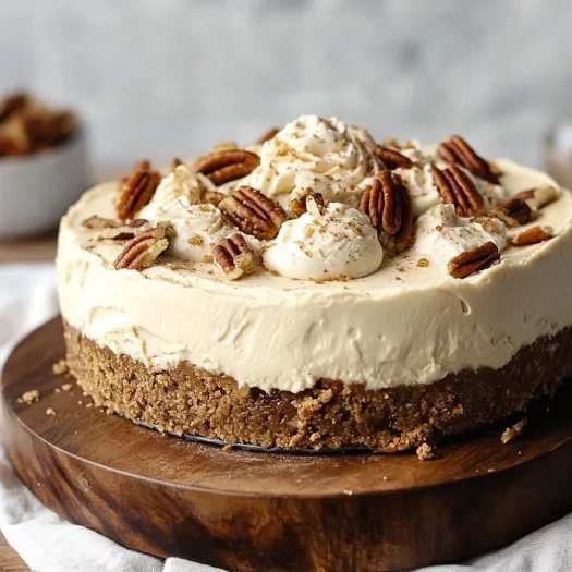 A slice of cake with pecans and cream.