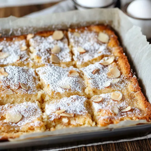 A tray of almond cake with powdered sugar on top.