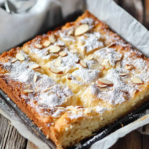 A slice of cake with almonds on top.