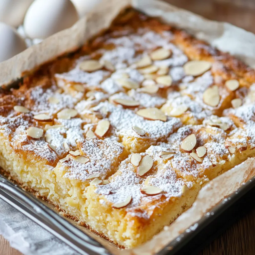 A cake with almonds and powdered sugar.