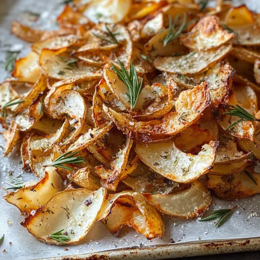 A tray of fried potatoes with herbs on top.
