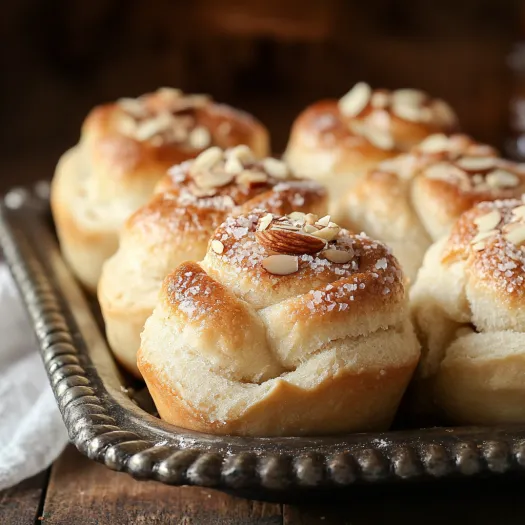 A plate of pastries with almonds on top.