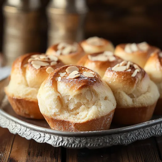 A plate of muffins with almonds on top.