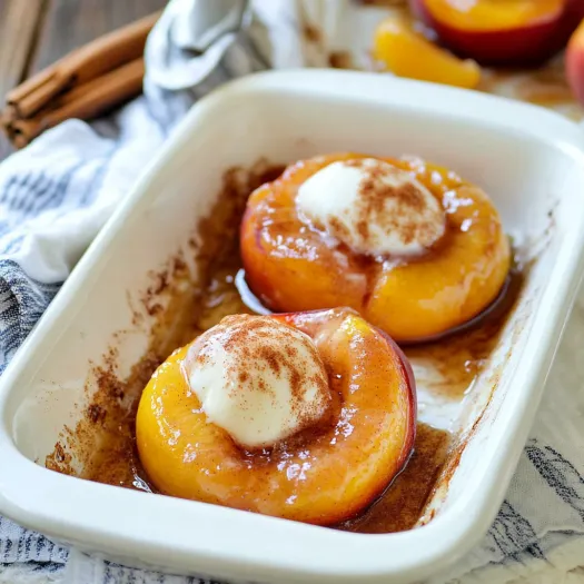 A white bowl with two peaches and whipped cream.