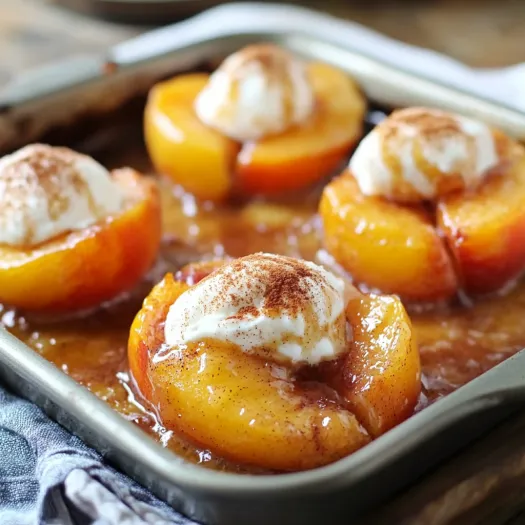 A pan of peaches with whipped cream on top.