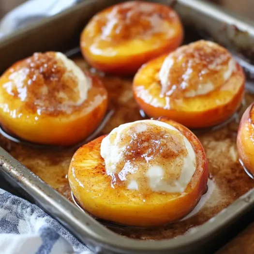 A pan of peaches with whipped cream on top.