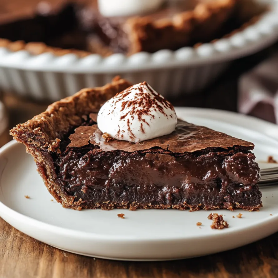 A slice of chocolate pie with whipped cream on top.