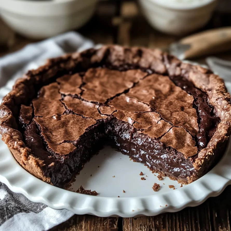 A slice of chocolate pie on a white plate.