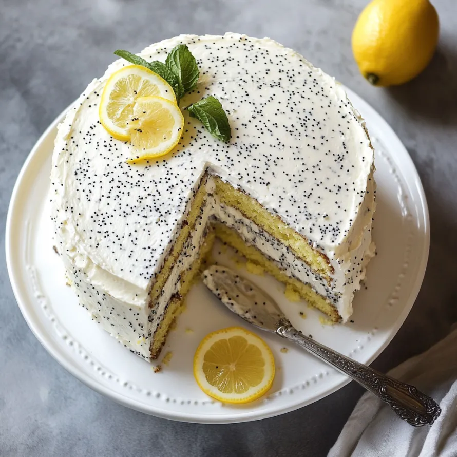A slice of cake with lemon and mint on top.