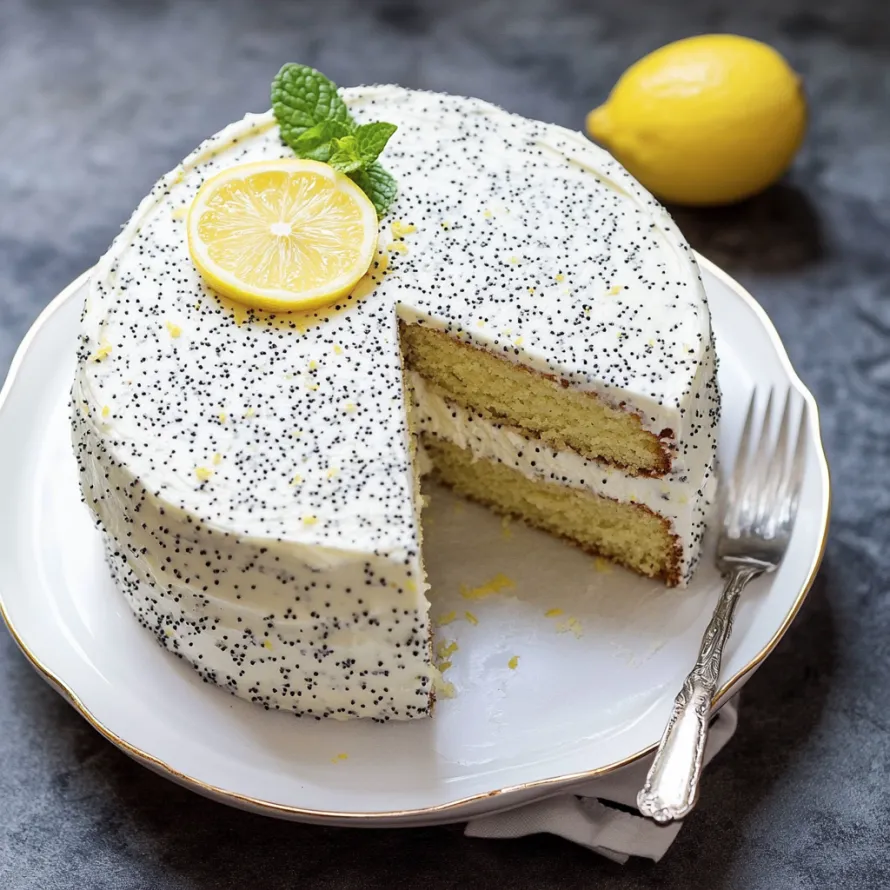 A slice of cake with a lemon on top.