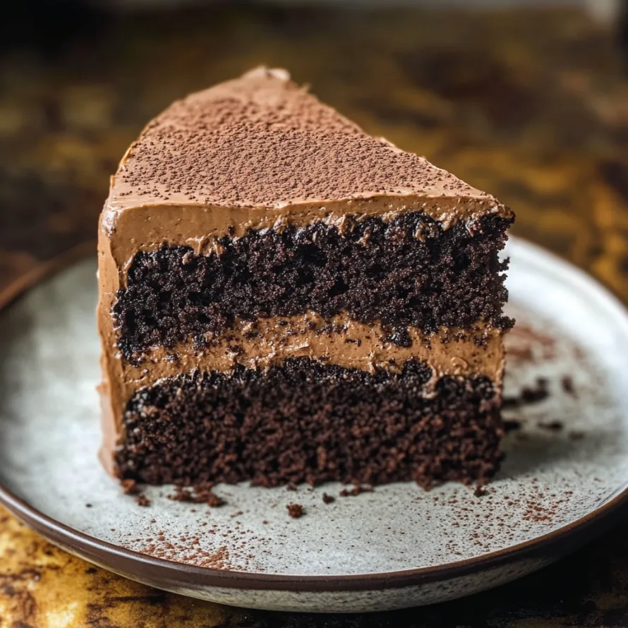 A slice of chocolate cake on a plate.