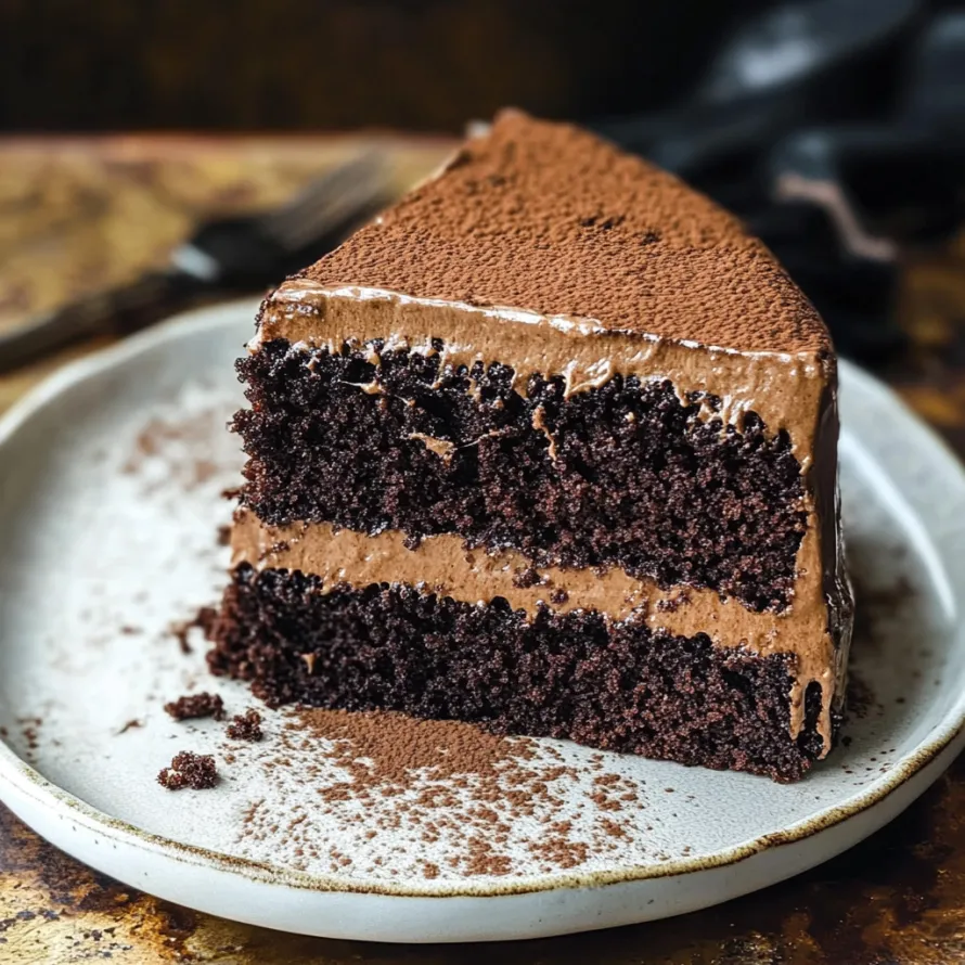 A slice of chocolate cake on a plate.