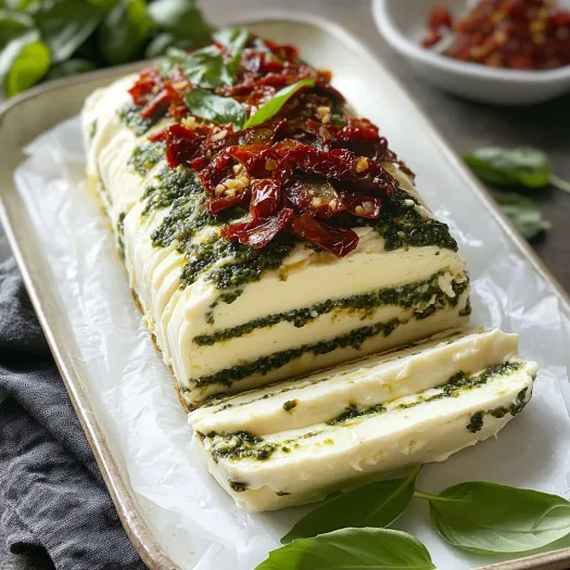 A piece of food with green and red toppings.