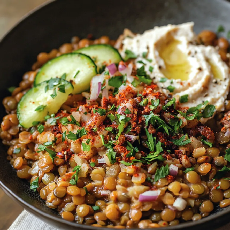 A bowl of food with a cucumber, onions, and hummus.
