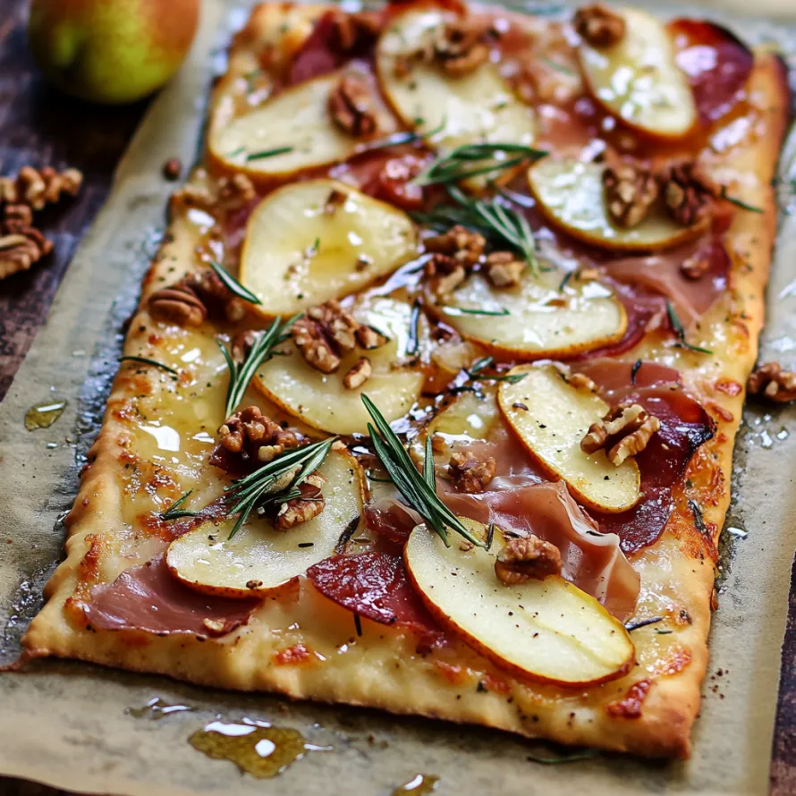 A pizza with apples and walnuts on it.
