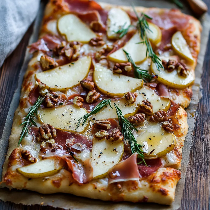 A pizza with apples and nuts on top.