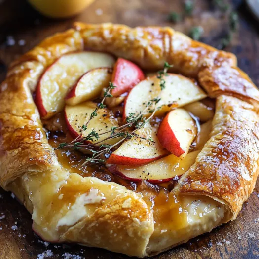 A pastry with apples and herbs on top.