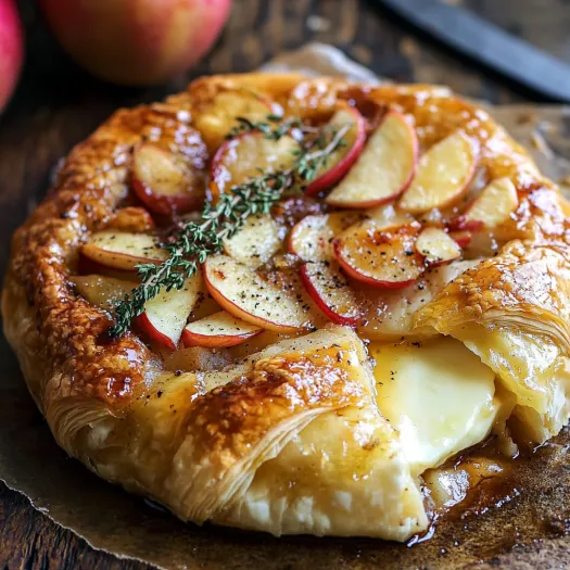 A pastry with apples and cheese on top.