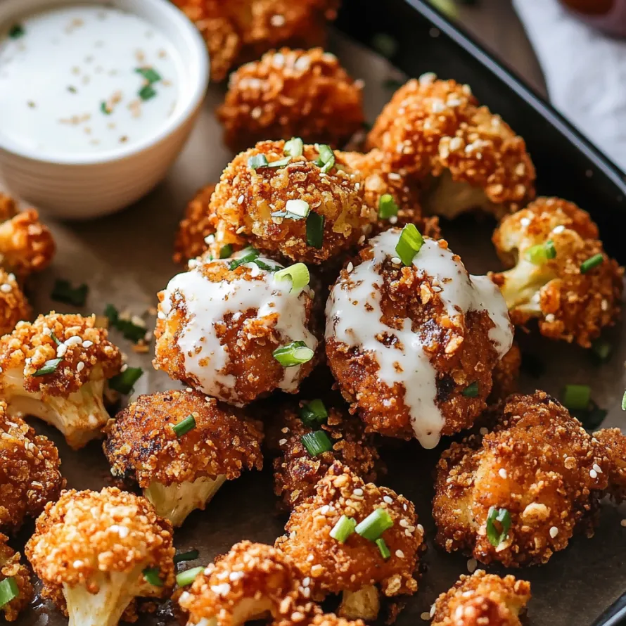 A bowl of cauliflower with a white sauce.