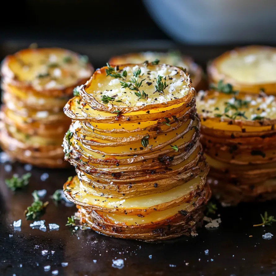 A stack of potatoes with herbs on top.