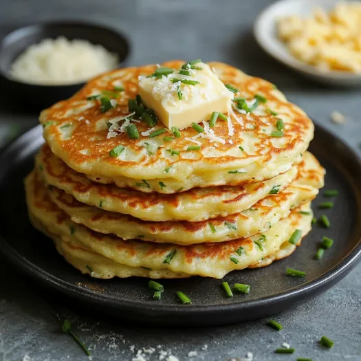 A stack of pancakes with butter and cheese on top.