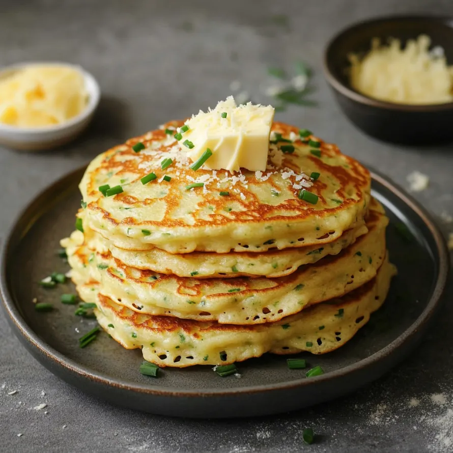 A stack of pancakes with butter and herbs on top.