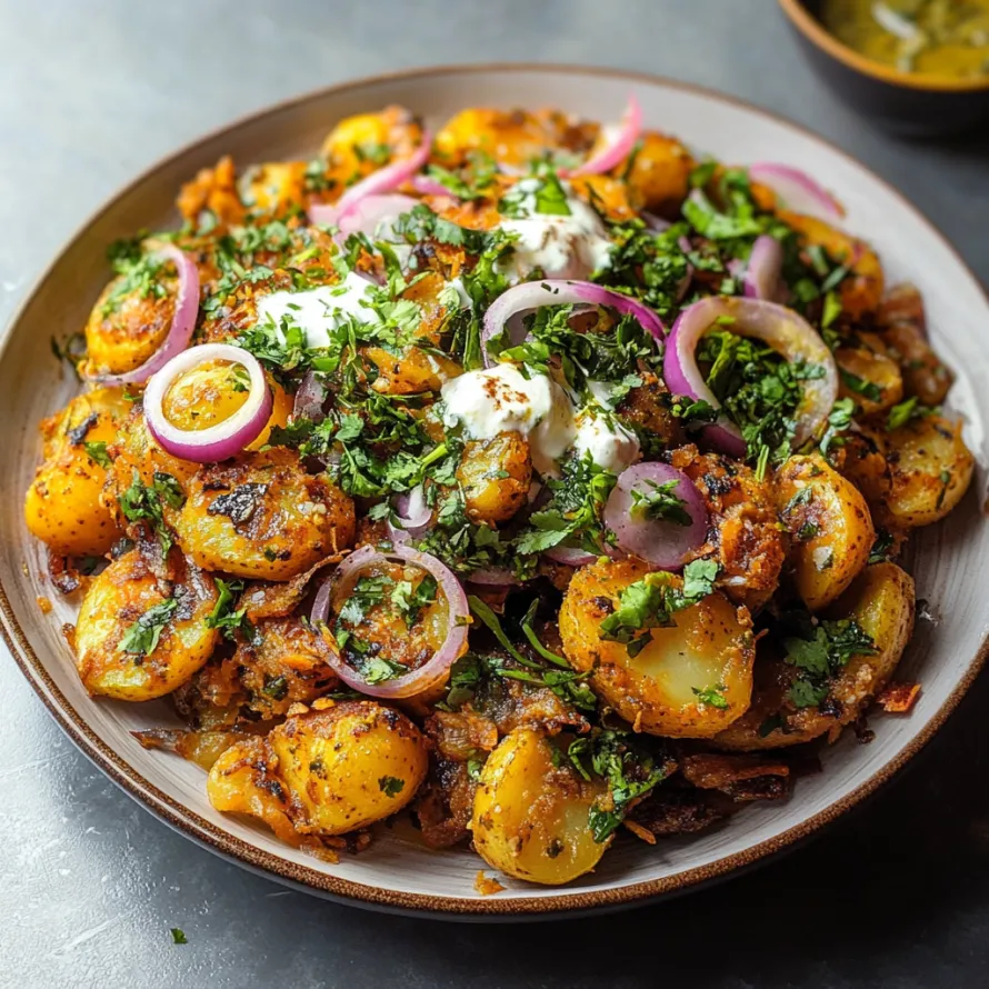 A plate of food with onions and potatoes.