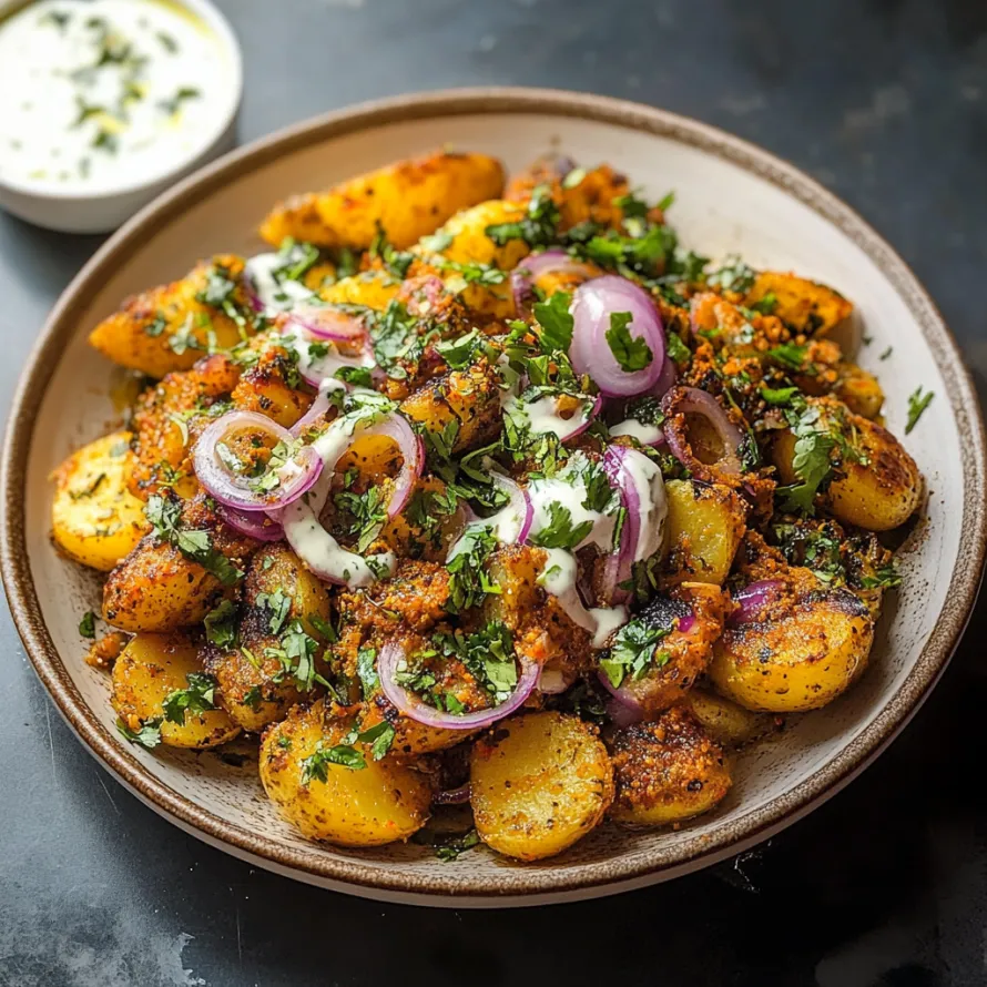 A plate of food with onions and potatoes.