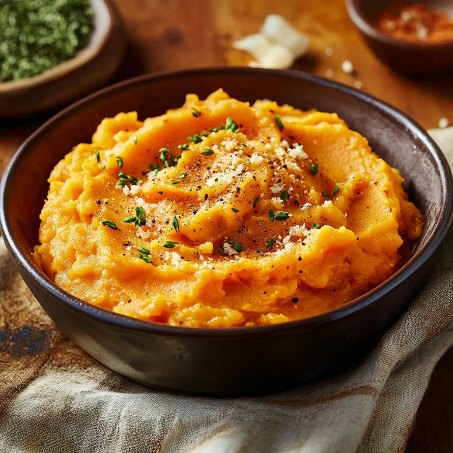 A bowl of mashed sweet potatoes.