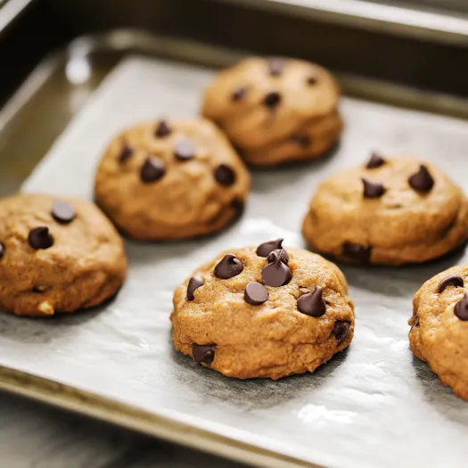 A pan of chocolate chip cookies.