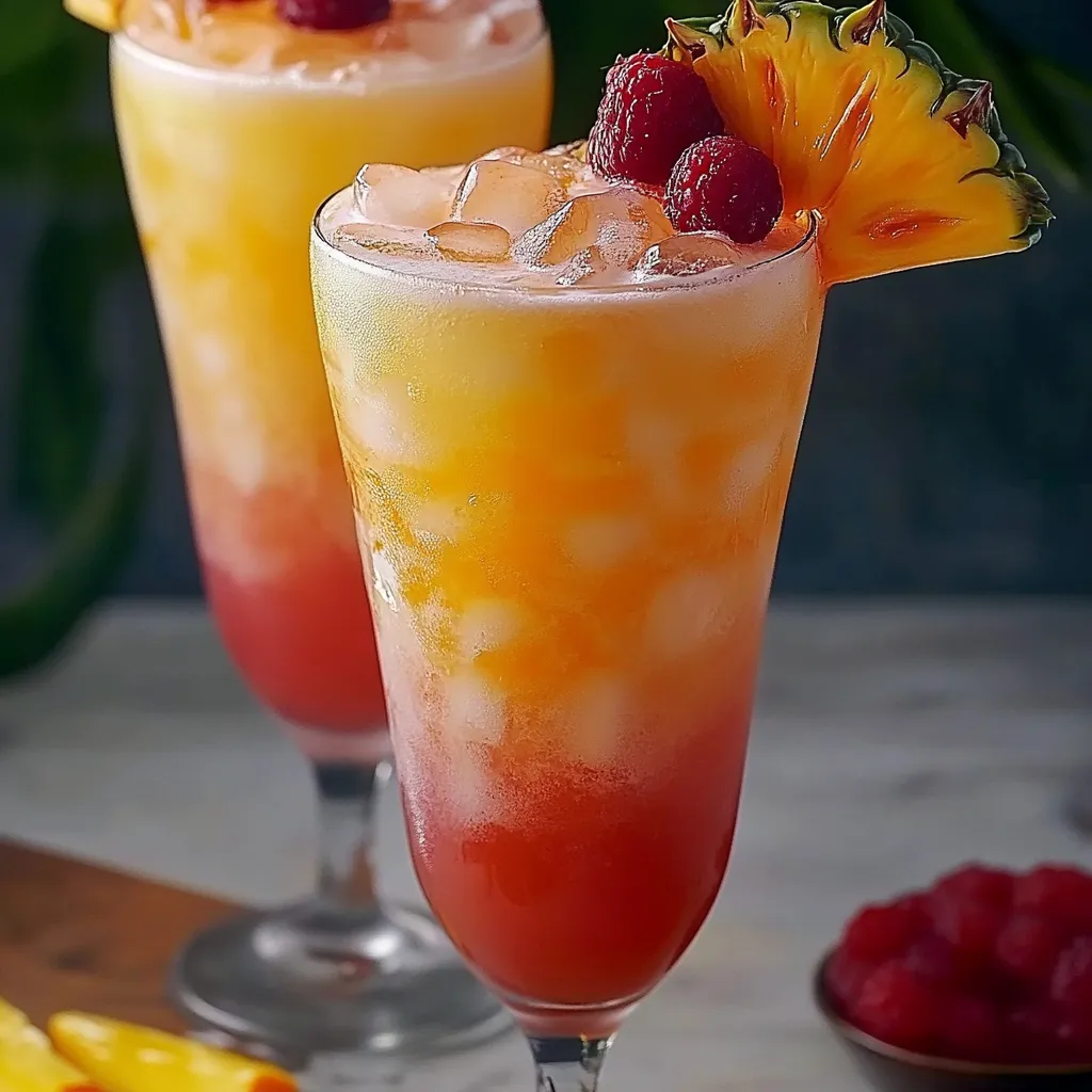 Two glasses of pink and orange drinks with raspberries on top.