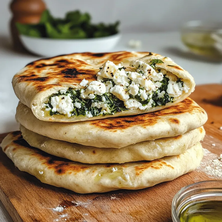 A stack of pita bread with feta cheese and spinach.
