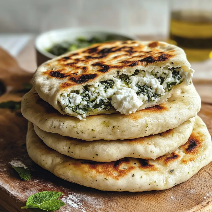A stack of pita bread with feta cheese on top.